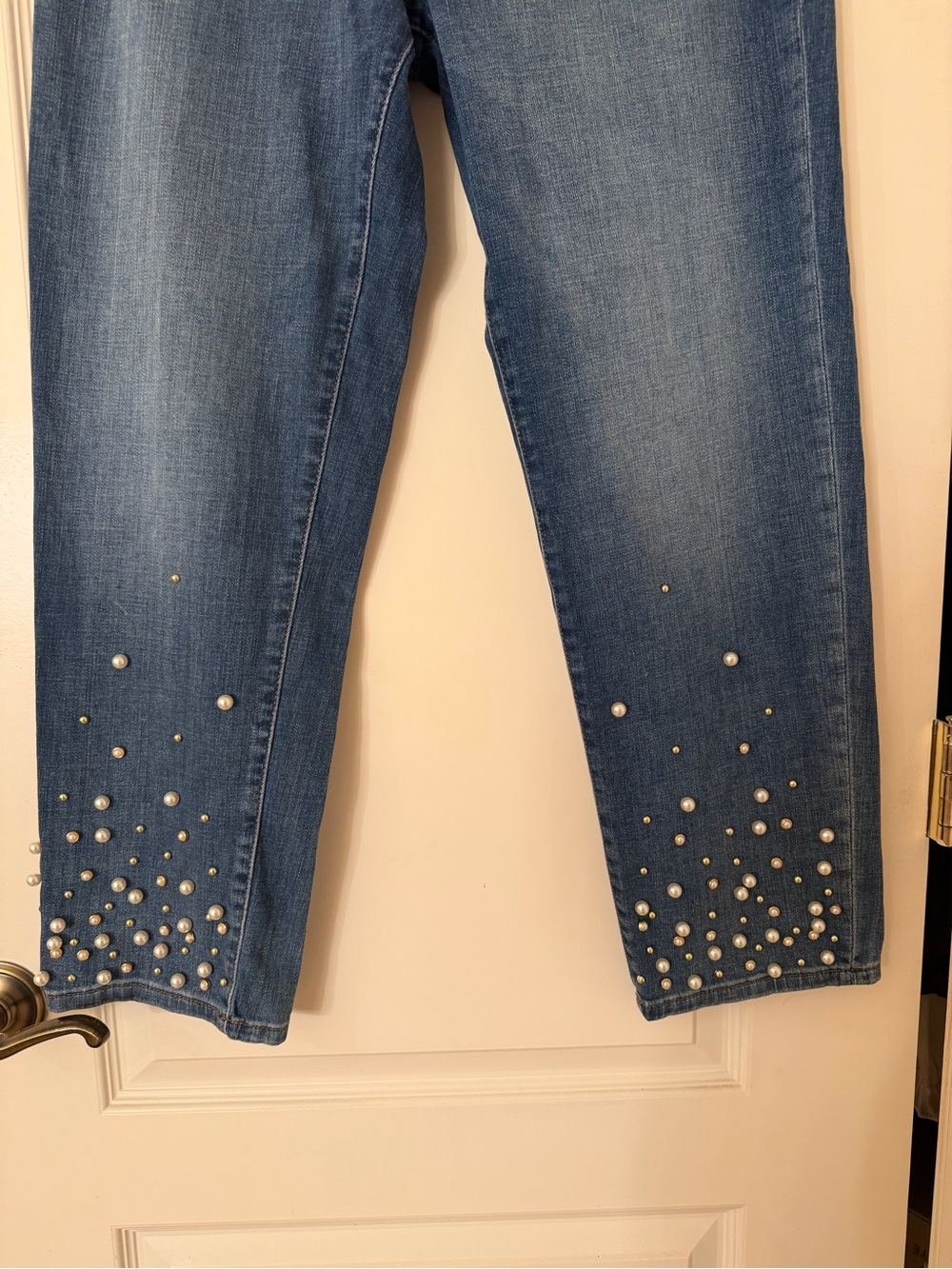Karl Lagerfeld Paris- Women's Imitation Pearl Denim Jeans - Coastal Blue - Picture 5 of 7